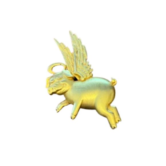 Vintage Signed JJ Jonette Matte Gold Tone Brass "When Pigs Fly" Brooch - Picture 1 of 6